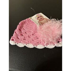 Jamie Rae Crochet Baby Hat Pink With Feather Flower Accent 0-6 Month
